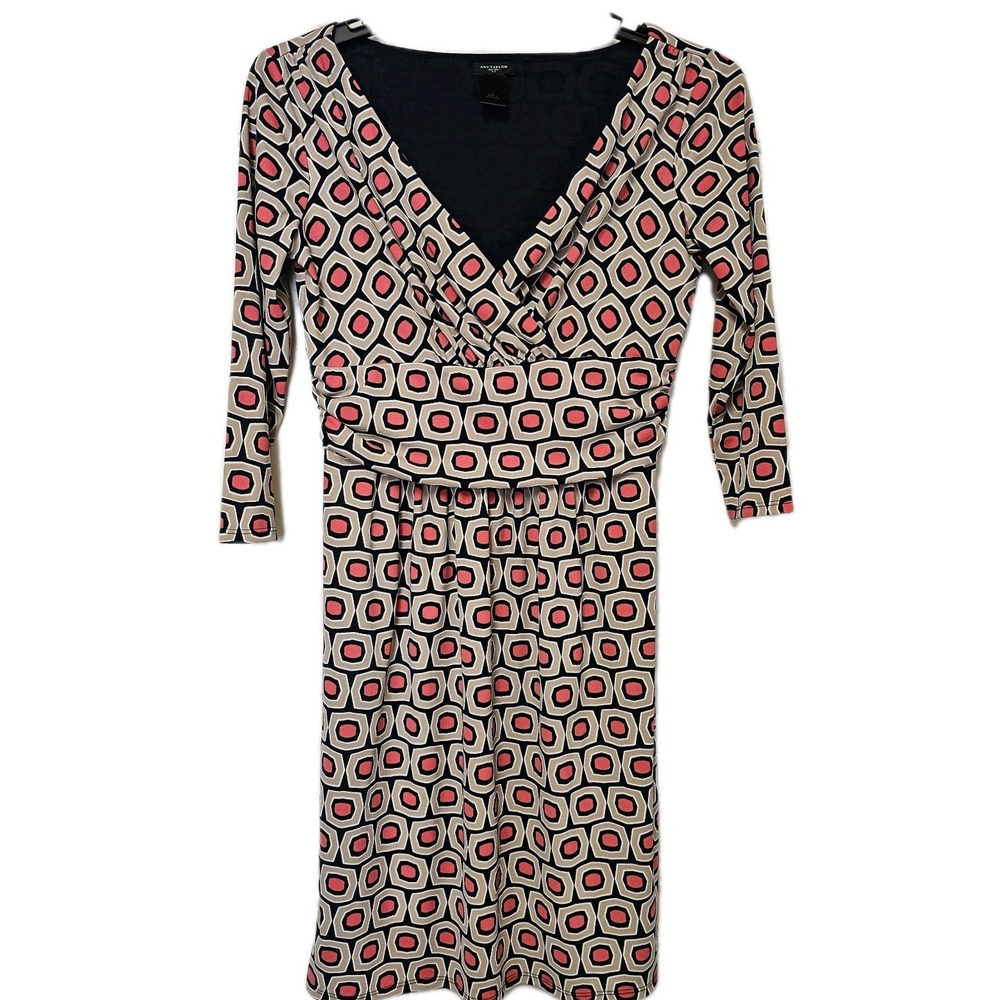 Ann Taylor Dress‎ Size 4 Women's Beige Pink Geometric Print 3/4 Sleeve Midi EUC